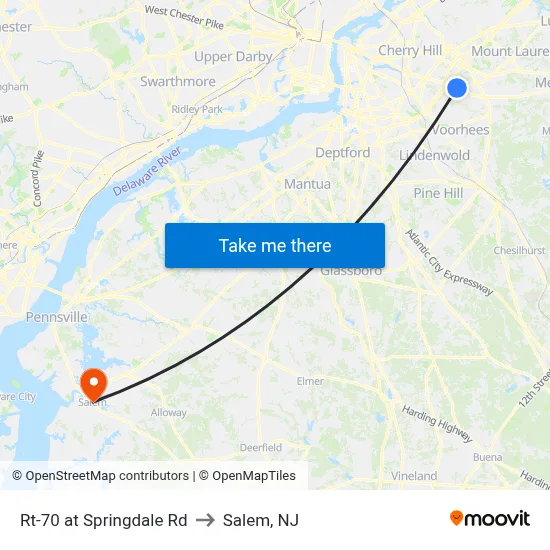 Rt-70 at Springdale Rd to Salem, NJ map