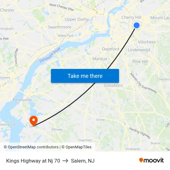 Kings Highway at Nj 70 to Salem, NJ map