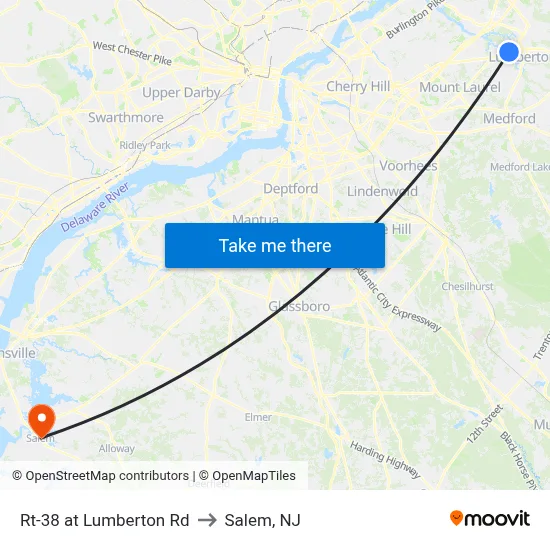 Rt-38 at Lumberton Rd to Salem, NJ map