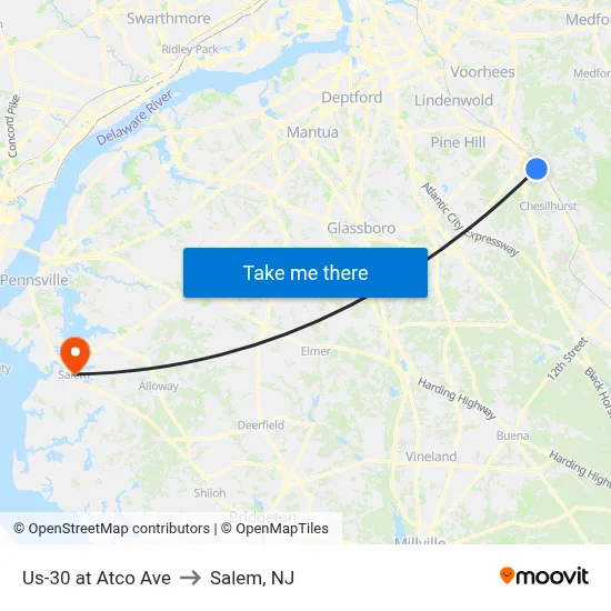 Us-30 at Atco Ave to Salem, NJ map