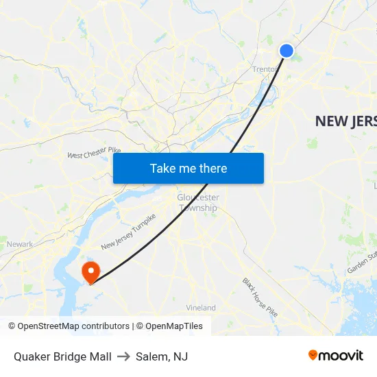 Quaker Bridge Mall to Salem, NJ map