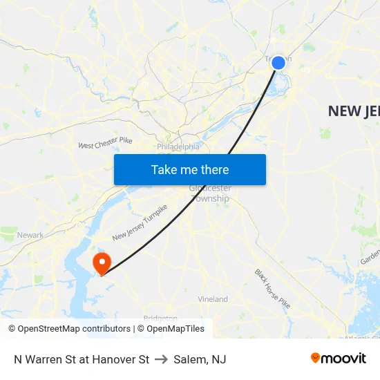 N Warren St at Hanover St to Salem, NJ map