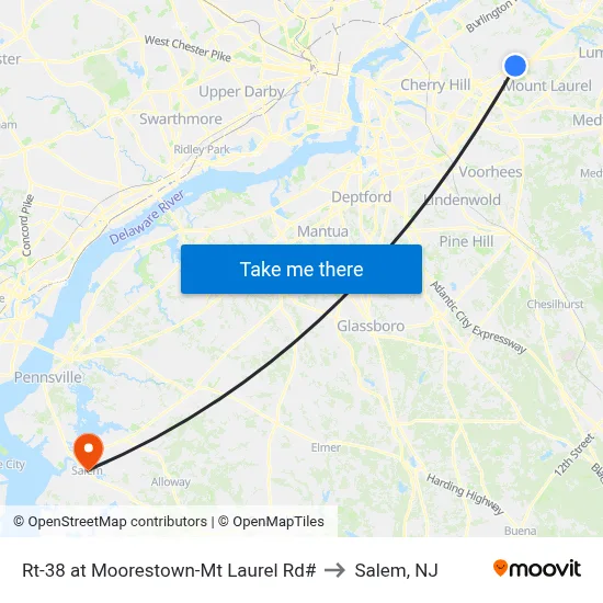 Rt-38 at Moorestown-Mt Laurel Rd# to Salem, NJ map