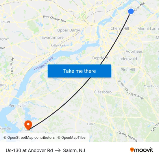 Us-130 at Andover Rd to Salem, NJ map