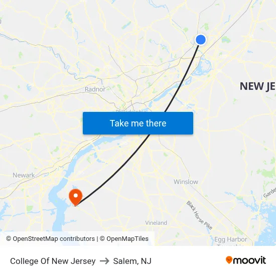 College Of New Jersey to Salem, NJ map