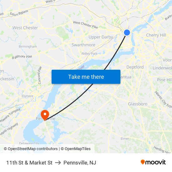 11th St & Market St to Pennsville, NJ map