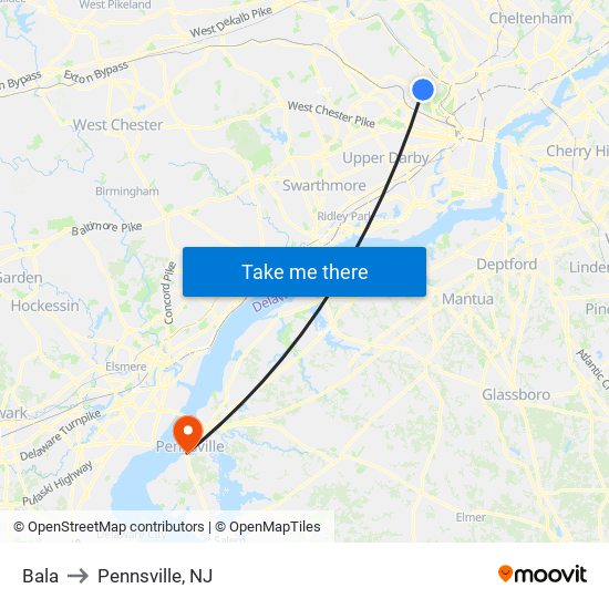 Bala to Pennsville, NJ map