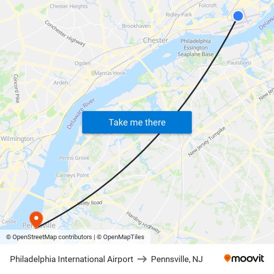 Philadelphia International Airport to Pennsville, NJ map