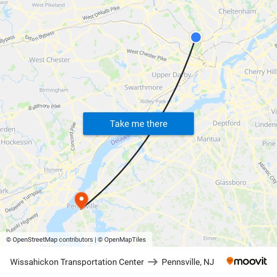 Wissahickon Transportation Center to Pennsville, NJ map