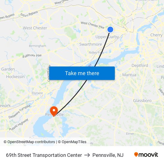 69th Street Transportation Center to Pennsville, NJ map