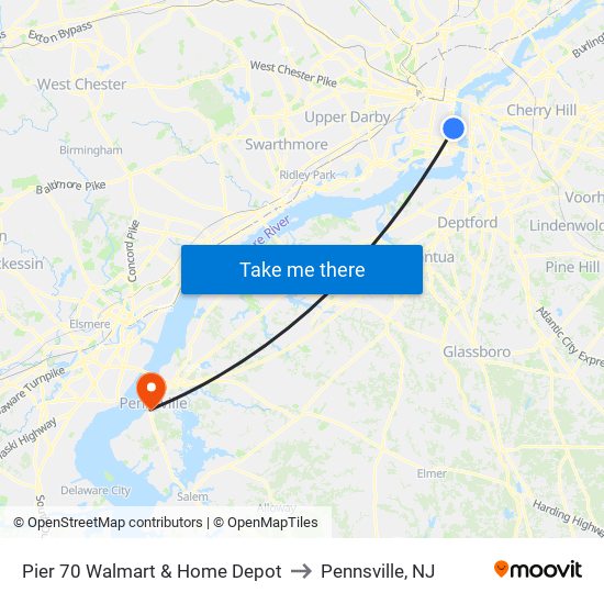 Pier 70 Walmart & Home Depot to Pennsville, NJ map