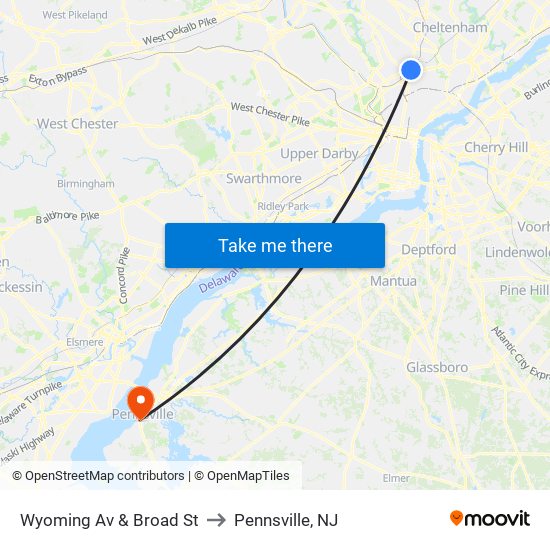 Wyoming Av & Broad St to Pennsville, NJ map