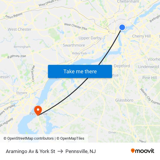 Aramingo Av & York St to Pennsville, NJ map