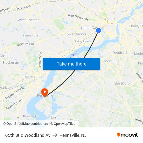 65th St & Woodland Av to Pennsville, NJ map