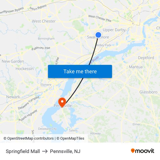 Springfield Mall to Pennsville, NJ map