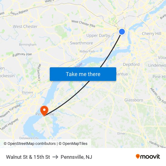 Walnut St & 15th St to Pennsville, NJ map