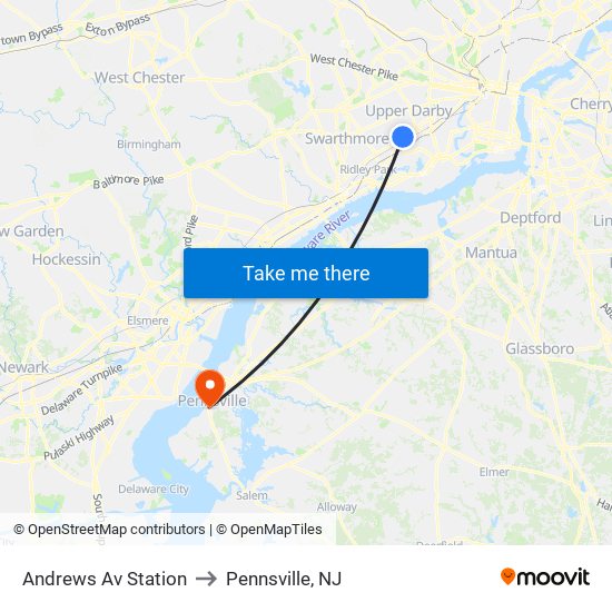 Andrews Av Station to Pennsville, NJ map