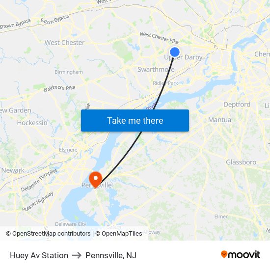 Huey Av Station to Pennsville, NJ map