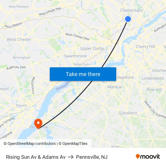 Rising Sun Av & Adams Av to Pennsville, NJ map