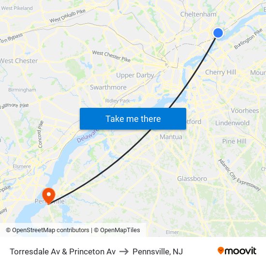 Torresdale Av & Princeton Av to Pennsville, NJ map