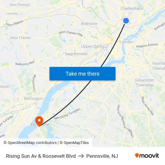 Rising Sun Av & Roosevelt Blvd to Pennsville, NJ map