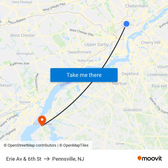 Erie Av & 6th St to Pennsville, NJ map