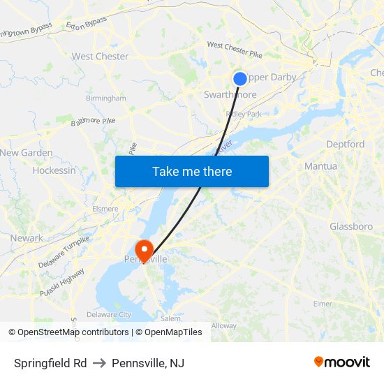 Springfield Rd to Pennsville, NJ map