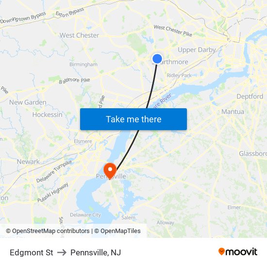 Edgmont St to Pennsville, NJ map