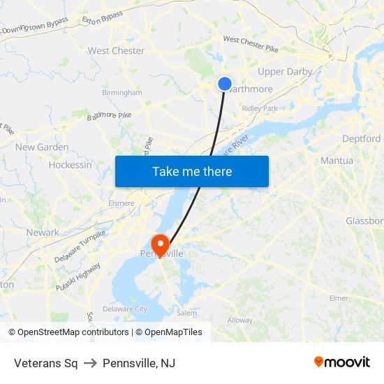 Veterans Sq to Pennsville, NJ map