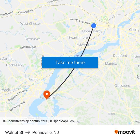 Walnut St to Pennsville, NJ map