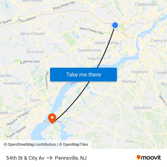 54th St & City Av to Pennsville, NJ map