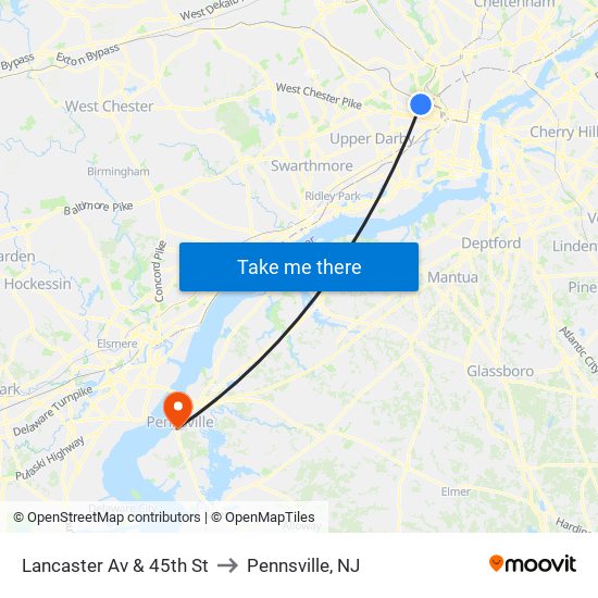 Lancaster Av & 45th St to Pennsville, NJ map