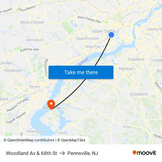 Woodland Av & 68th St to Pennsville, NJ map