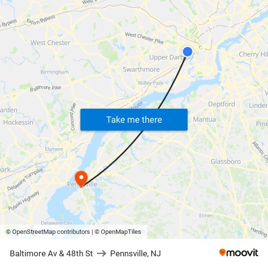 Baltimore Av & 48th St to Pennsville, NJ map