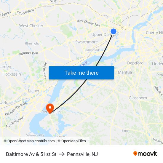 Baltimore Av & 51st St to Pennsville, NJ map