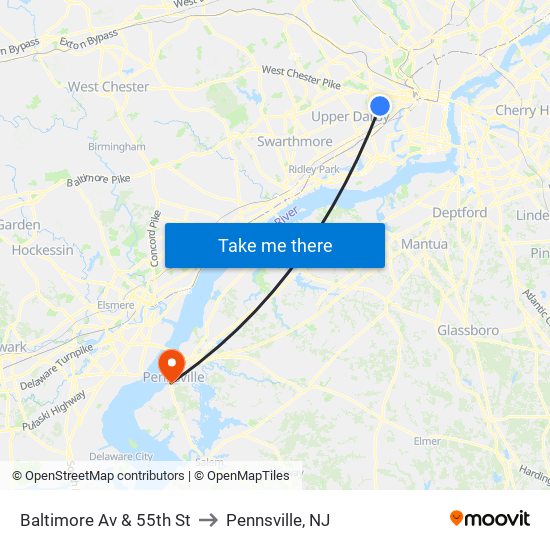 Baltimore Av & 55th St to Pennsville, NJ map
