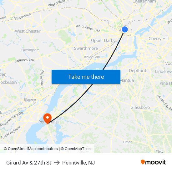 Girard Av & 27th St to Pennsville, NJ map