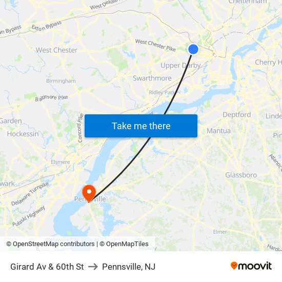 Girard Av & 60th St to Pennsville, NJ map