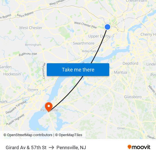 Girard Av & 57th St to Pennsville, NJ map