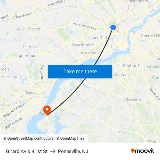 Girard Av & 41st St to Pennsville, NJ map