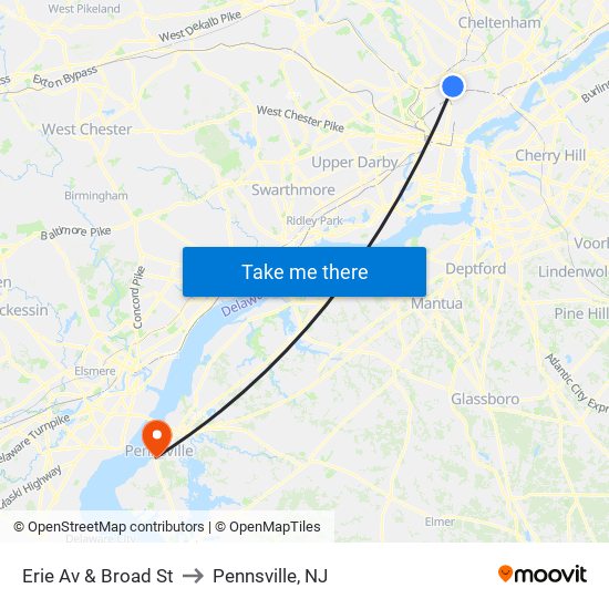 Erie Av & Broad St to Pennsville, NJ map