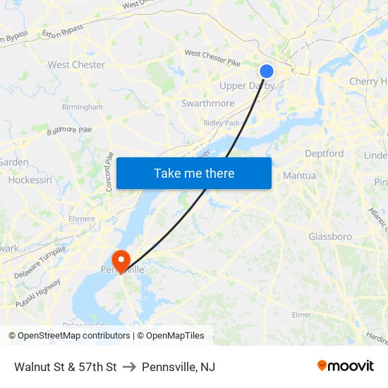 Walnut St & 57th St to Pennsville, NJ map