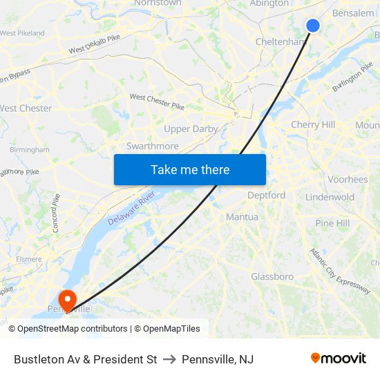 Bustleton Av & President St to Pennsville, NJ map