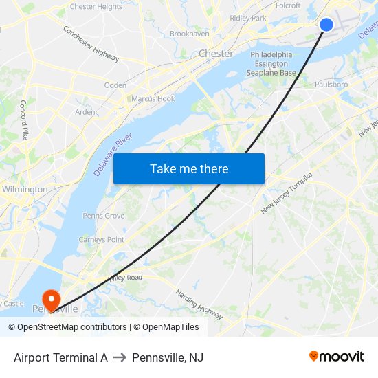 Airport Terminal A to Pennsville, NJ map