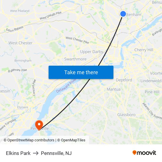 Elkins Park to Pennsville, NJ map