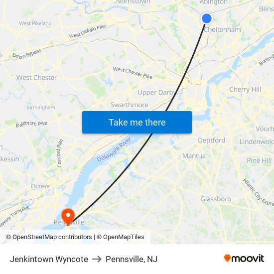 Jenkintown Wyncote to Pennsville, NJ map