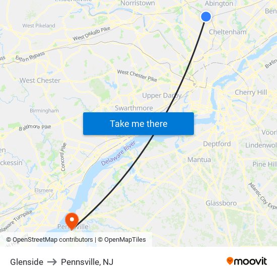 Glenside to Pennsville, NJ map