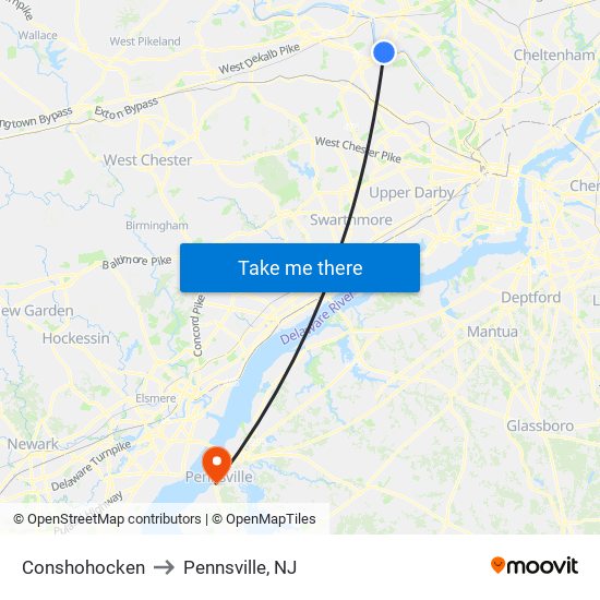 Conshohocken to Pennsville, NJ map