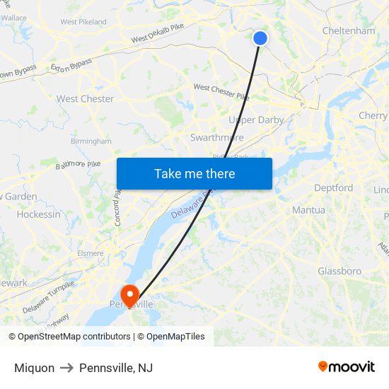 Miquon to Pennsville, NJ map