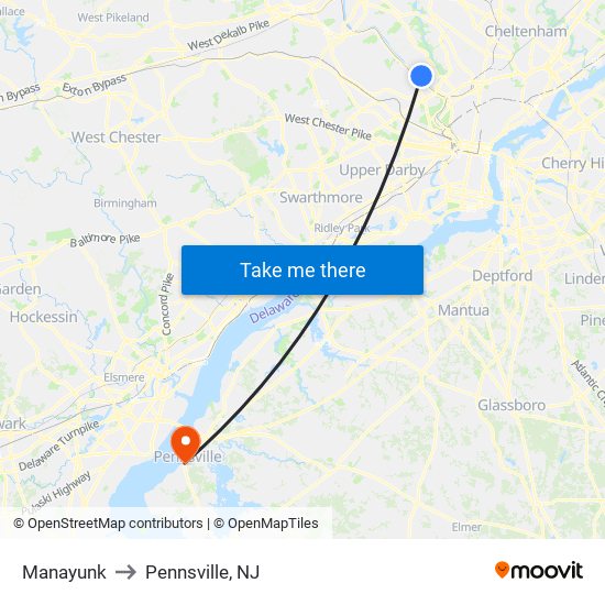 Manayunk to Pennsville, NJ map